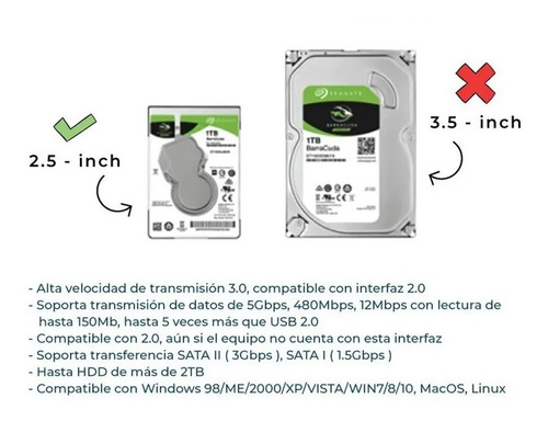 Cable Adaptador Disco Duro Sata A Usb 3.0 Para Hdd Ssd 2.5 Color Negro
