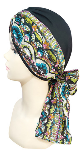 Turbante Oncológico Para Mujer De Algodón C/ Banda Mascada Color Negro Estampado Hip