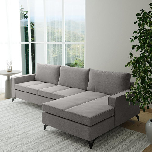 Sofá Living Com Chaise Direita Cama Inbox Kiev. 2,40m Linho Cor Cinza Claro