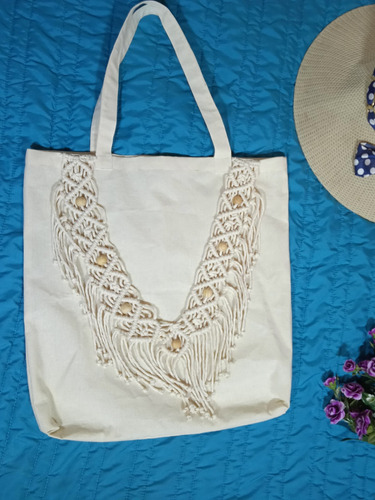 Bolsa De Manta Natural Con Tejido A Macramé 40*45cm