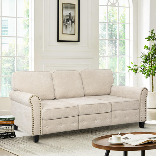 Sofa De Lino 3 Plazas Con Patas De Madera Beige Beige Diseño De La Tela