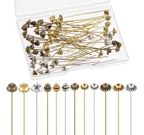 60 Pieces Head Pins For Jewelry Making Flower Beads Ball Pi.