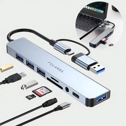 POLARES ZEN2 Hub USB-C e 3.0 8 em 1 Cinza com 4 Portas USB, P2, SD e MicroSD Compatível com Macbook Windows Linux