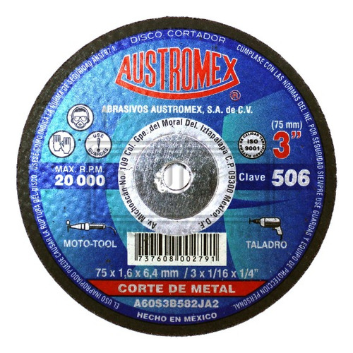 Disco Abrasivo Corte Metal 3 X 1/4 Austromex Aus-506