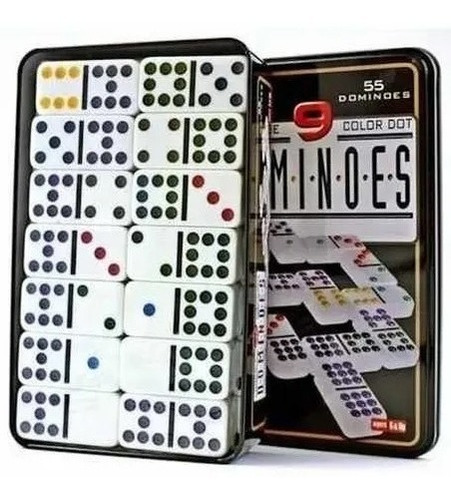 Domino 55 Fichas A Color Doble 9 Juego De Mesa Caja Metálica