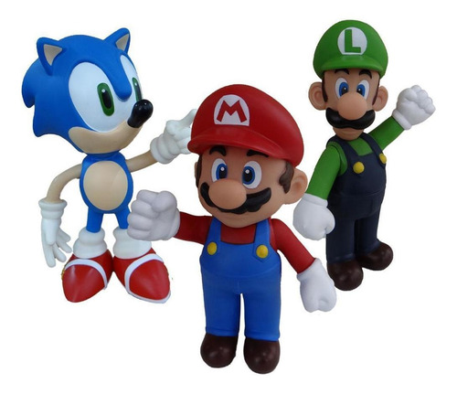 Sonic Azul, Super Mario, Luigi - Kit Com 3 Bonecos Grandes