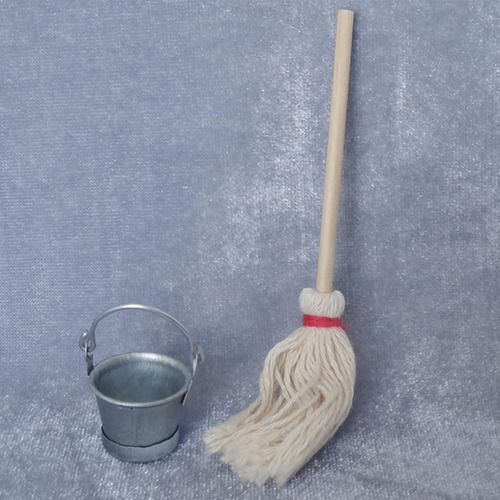2 Tiny Mop And Bucket Set 1:12 Dollhouse Accessories Party