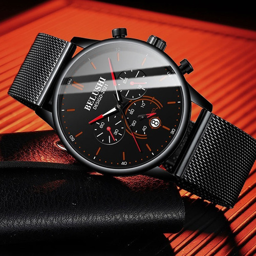 Reloj Hombre Acero Inoxidable Cronógrafo Real Fluorecente Bs Correa Punteros Rojos