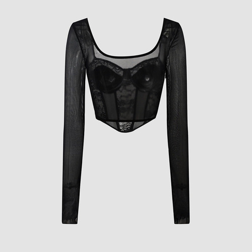 Blusa Crop Top Campesina Corset Encaje Malla Manga Larga