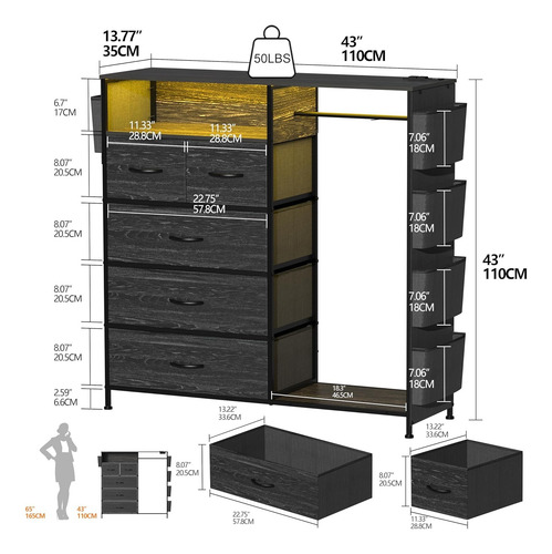 Closet Grande Perchero Con Led De 5 Cajones Y 5 Bolsillo
