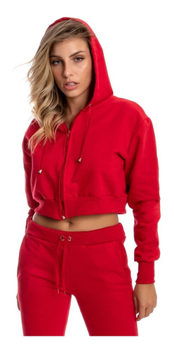 Imagem 2 de 3 de Conjunto Moletom Cropped Feminino Com Zíper , Calça+cropped