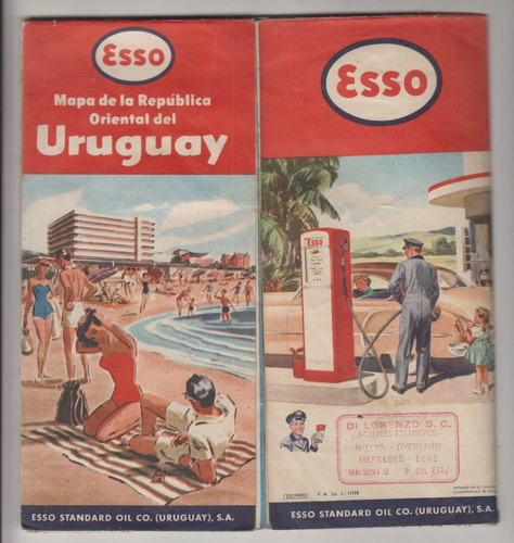 1955 Uruguay Mapa Desplegable Empresa Esso Surtidor Playa 