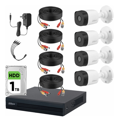 Dahua Kit CCTV 4 Cámaras 2 Mp  + Disco Duro 1tb Kit de Video Vigilancia con Accesorios Incluidos Cámaras de Seguridad con Detección de Movimiento