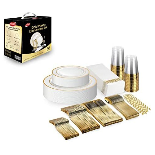 225 Pcs Gold Rim Disposable Plastic Dinnerware Set (25 ...