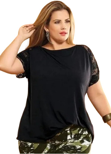  Blusa Soltinha Viscolaycra Plus Size Manga  Com Renda