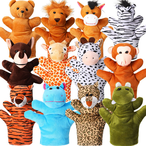 12 Marionetas De Mano De Zoológico De Animales De Peluche,.