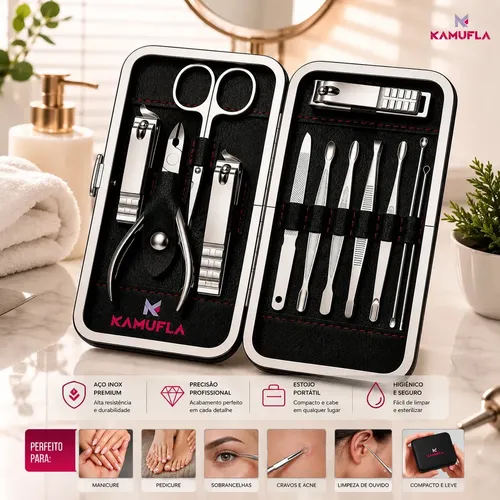 Kit Cortador De Unha Portátil Estojo Alicate Manicure 12 Pç - Kamufla - Desencravador De Unha Manicure Alicate Lixa Profissional Tesoura Empurrador De Cutículas Pinça Portátil Dobrável