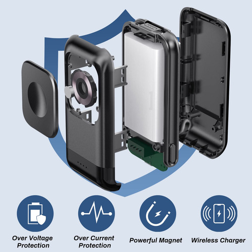 Cargador portátil Phelinta de 6000 mAh, magnético, compatible con Apple Watch y iPhone 12/13/14/15, incluye cable incorporado.