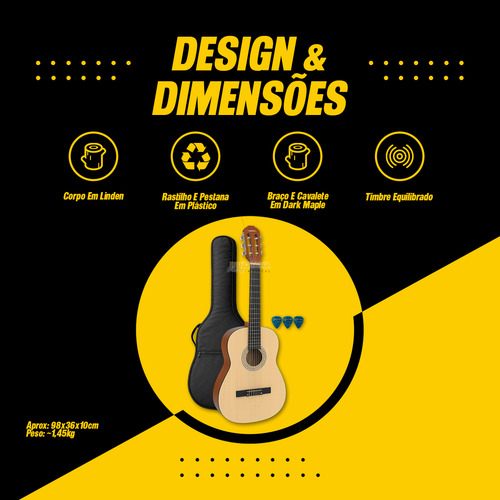 Kit Violão Clássico Vogga Vca100 Acústico Natural C/ Capa
