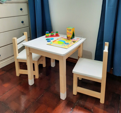 Mesa Y 2 Sillas Infantiles Nordicas Cuadrada En Madera Niños