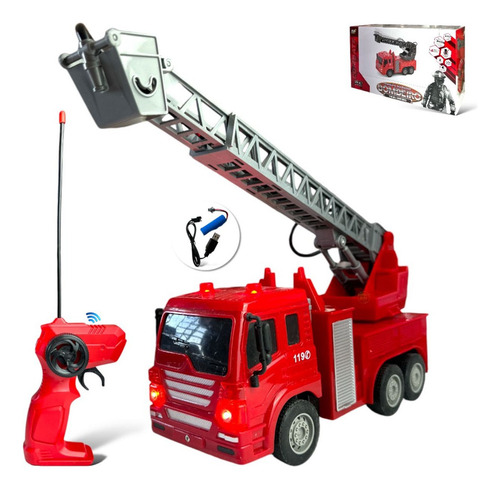 Carrinho Controle Remoto Bombeiro Caminhão Recarregável Luz Cor Vermelho Personagem bombeiro com escada