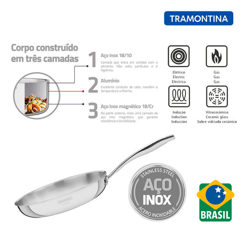 Frigideira Tramontina Grano 62155260 em Aço Inox com Corpo Triplo e Cabo 26 cm 2,2 Litros Prata