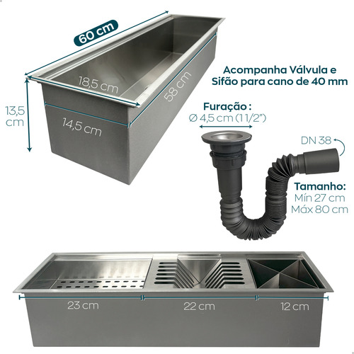 Calha Canal Organizado De Embutir Cuba Cozinha 60cm Inox 304 Inox Fosco