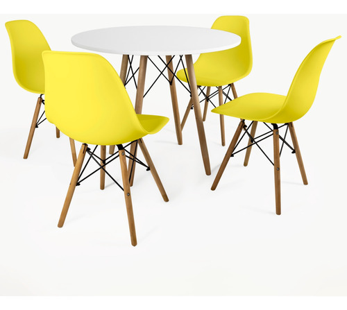 Conjunto Mesa Eiffel Branca 90cm + 4 Cadeiras Eames Design Cor da tampa Amarelo