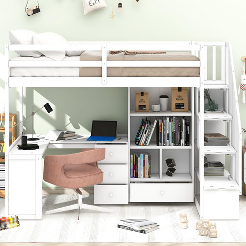 Cama Tipo Loft Individual Con Escritorio Y Escaleras L Blanco Nombre Del Diseño