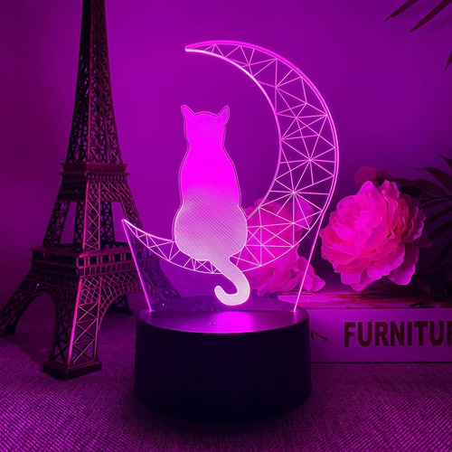 Luz Nocturna 3d Con Forma De Gato Y Luna Para Niños Y Fanáti