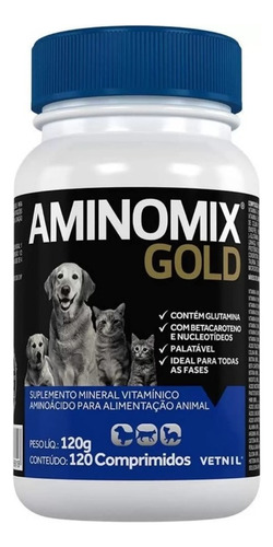 Aminomix Gold 120 Comp. Vetnil - Suplemento P/ Cães E Gatos 