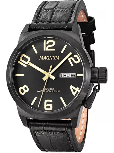 Relógio Masculino Dourado Magnum Pulseira De Couro Cor Da Correia