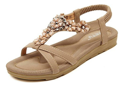 Insun Mujer Beige T Strap Sandalia Plana 1 B072jc692p_200324