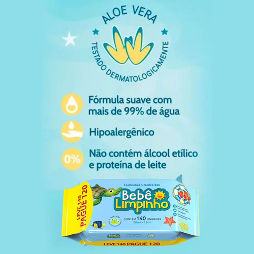 Lenço Toalha Umedecida Bebê Limpinho 140 Unidades