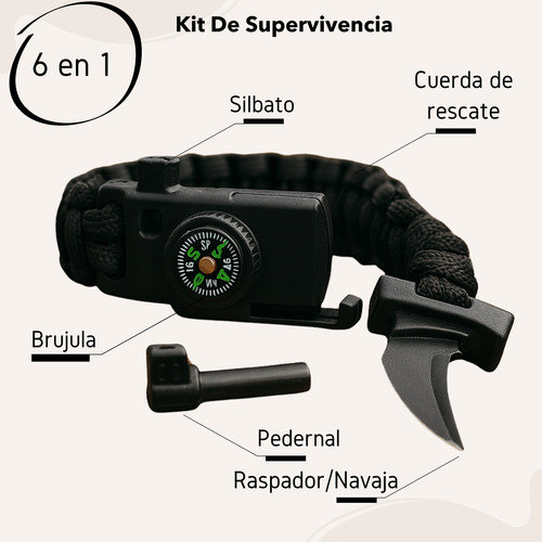 Pulsera Supervivencia 6 En 1 Con Navaja Brújula Y Pedernal Negro