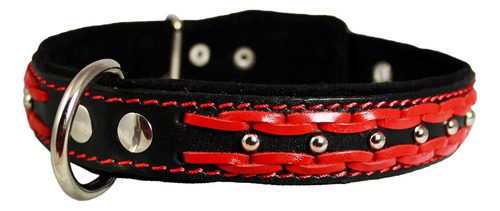 Collar De Perro Trenzado De Cuero Genuino, Rojo Sobre Negro 