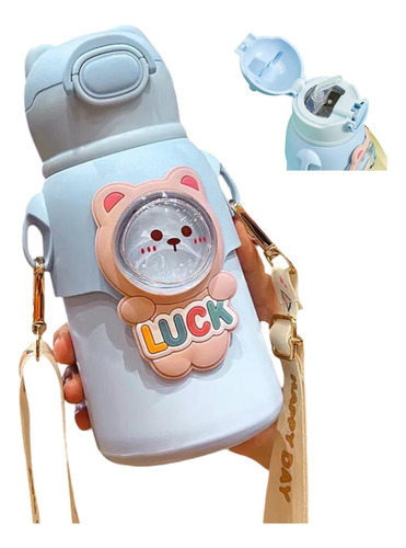 Garrafa Térmica Infantil Aço Inox Criança Escolar Canudo Silicone Alça Para Transporte Dupla Camada A Vácuo 500ml azul