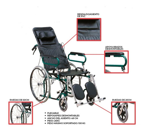 Imagen 2 de 9 de Silla De Ruedas Reclinable Plegable, Apoya Piernas Elevable