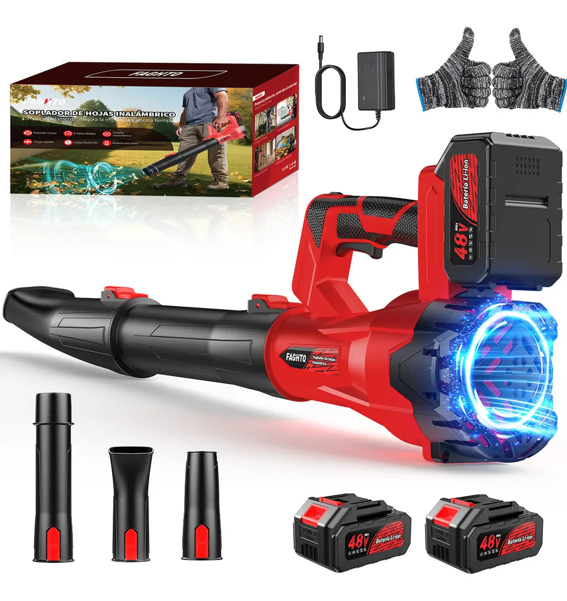 Soplador De Aire FAGHTO Inalámbrica Hojas Eléctrica 1800w Sopladora Para Jardineria 6 Velocidades, 900 CFM, 269MPH, 2 Baterías De 18000 mAh, Ligero, Ideal Para Jardín, Césped, Hojas, Polvo Y Nieve