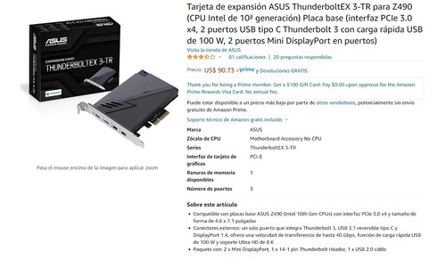 Tarjeta De Expansión Asus Thunderboltex 3-tr Para Tm Z490