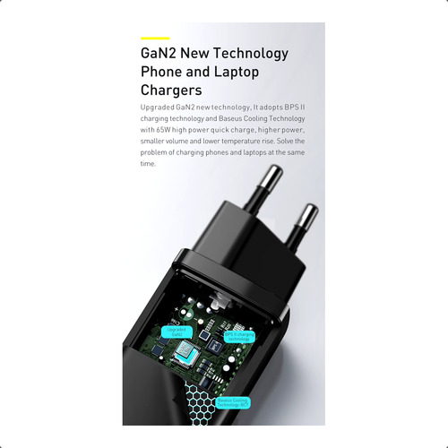 Cargador Rápido Baseus Gan2 Lite 65w 2 Puertos Usb C Pd 3.0