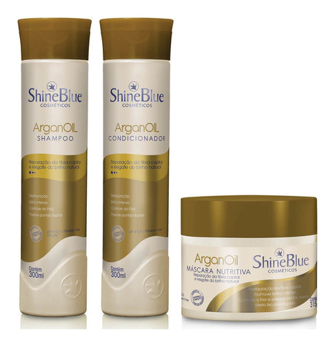 Kit Argan Shine Blue Shampoo Condicionador Máscara