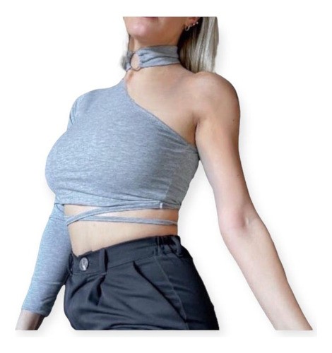 Crop O Top Manga Larga Cuello Choker Hombro Descubierto