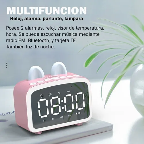 SPEAKER RELOJ DESPERTADOR RADIO BLUETOOTH ROSA