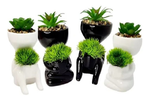 3 Vasos Robert Decorativo Bob Com Planta Cacto Suculenta Kit