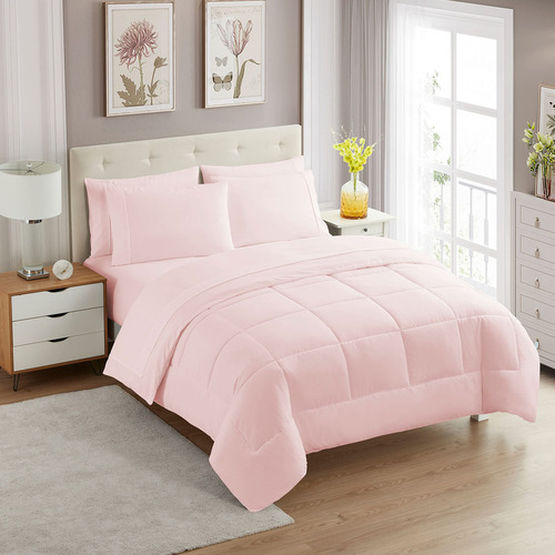 Juego De Edredón 7 Piezas Rosa Pálido Matrimonial