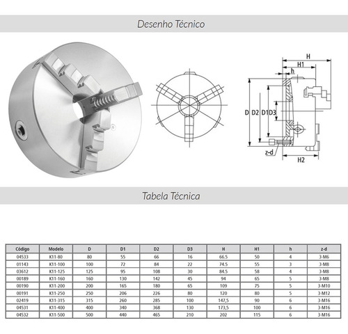 Placa Para Torno Universal 12 Pol 325mm 3 Castanhas Wg