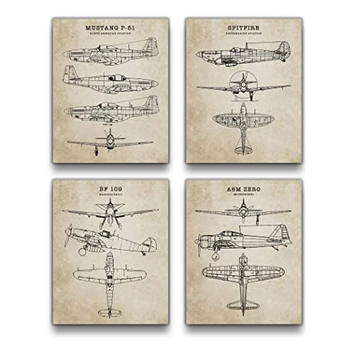 Juego De 4 Impresiones De Arte De Aviones De Combate De...