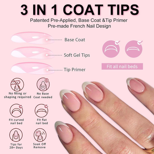 Kit De Uñas Postizas Francesas, Uñas Postizas A Presión Con