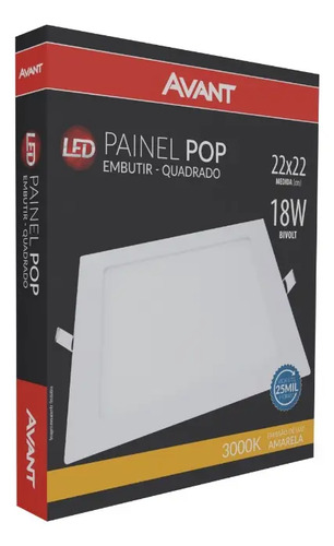 Painel Plafon De Led 18w Embutir Quadrado 22cm 3000k Avant